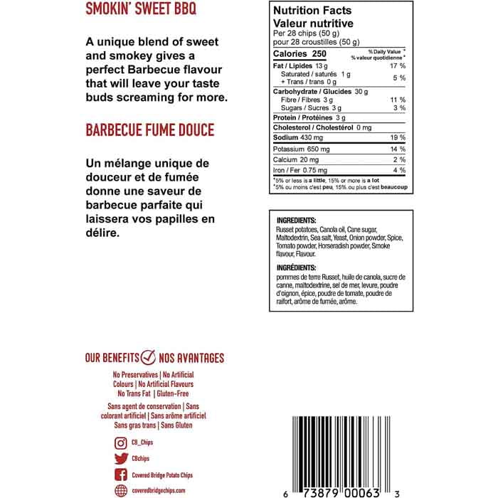 Covered Bridge - Smokin' Sweet BBQ, 170g, Looking for a tasty snack to munch on? Then you have to try Covered Bridge’s amazing Kettle-Cooked Chips. Gluten-free kettle-cooked chipsNo artificial flavours, colours, and preservativesNo