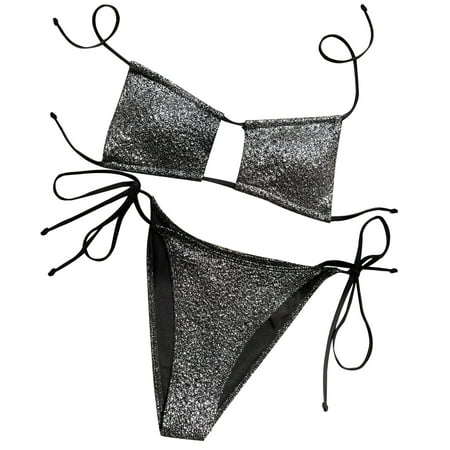 Fesfesfes Ladies Swimwear Sexy Sling Reflective Bikini Women Two-Piece Set Swimsuit Solid Color Lace Up Thong Bottom Beachwear