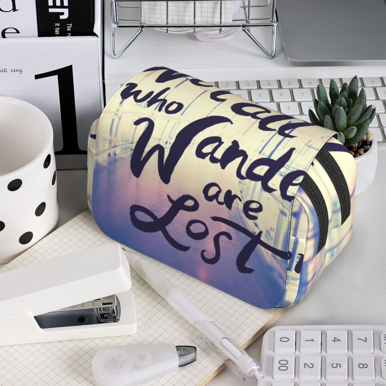 Rateoe Not All Those Who Wander Are Lost Pattern Double Clamshell Pen Case, Storage Organizer with Two Zipper Compartments– Holds Up to 50 Pencils & Pens