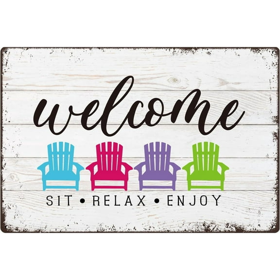 Welcome Sign for Front Door Porch, Vintage Welcome Sit Relax Enjoy Metal Signs, Metal Welcome Signs for Outside, Farmhouse Outdoor Welcome Sign, Welcome Sign for Wall, 12x8 Inch