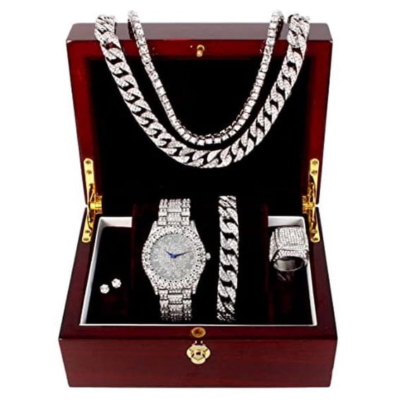 Charles Raymond Fully Iced Mens Big Rocks Bezel Color Dial with Roman Numerals, Cuban Chain Bracelet, Cuban Necklace, Tennis Chain & Ring - ST10327CRNT (12, Classic Silver SLV R#)