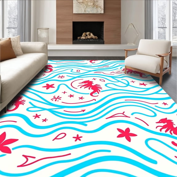 ODIKA 4'x6' Machine Washable Non-Slip Area Rug, Seahorse Waves Welcome Nautical Ocean Entrance Design High Traffic Rug, Blue, 706978