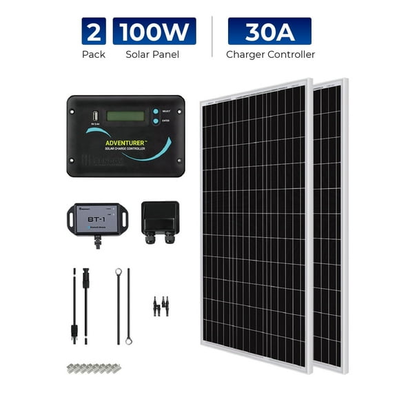 Renogy 200W RV Solar Panel Kit, 2pack 100W Solar Panel, 30A LCD PWM Charge Controller, BT1 Bluetooth Module, Mounting Brackets, Y-Connectors, Cables for Off-Grid System