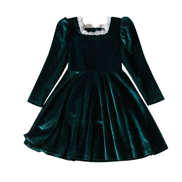 Long Sleeve Printed Dress for Girls Girls' Fall and Spring New Long Sleeve Ruffled Lace Round-Neck Embroidery Mesh Princess Bow Skirt New Long Sleeve Round Neck Dress Green 7T