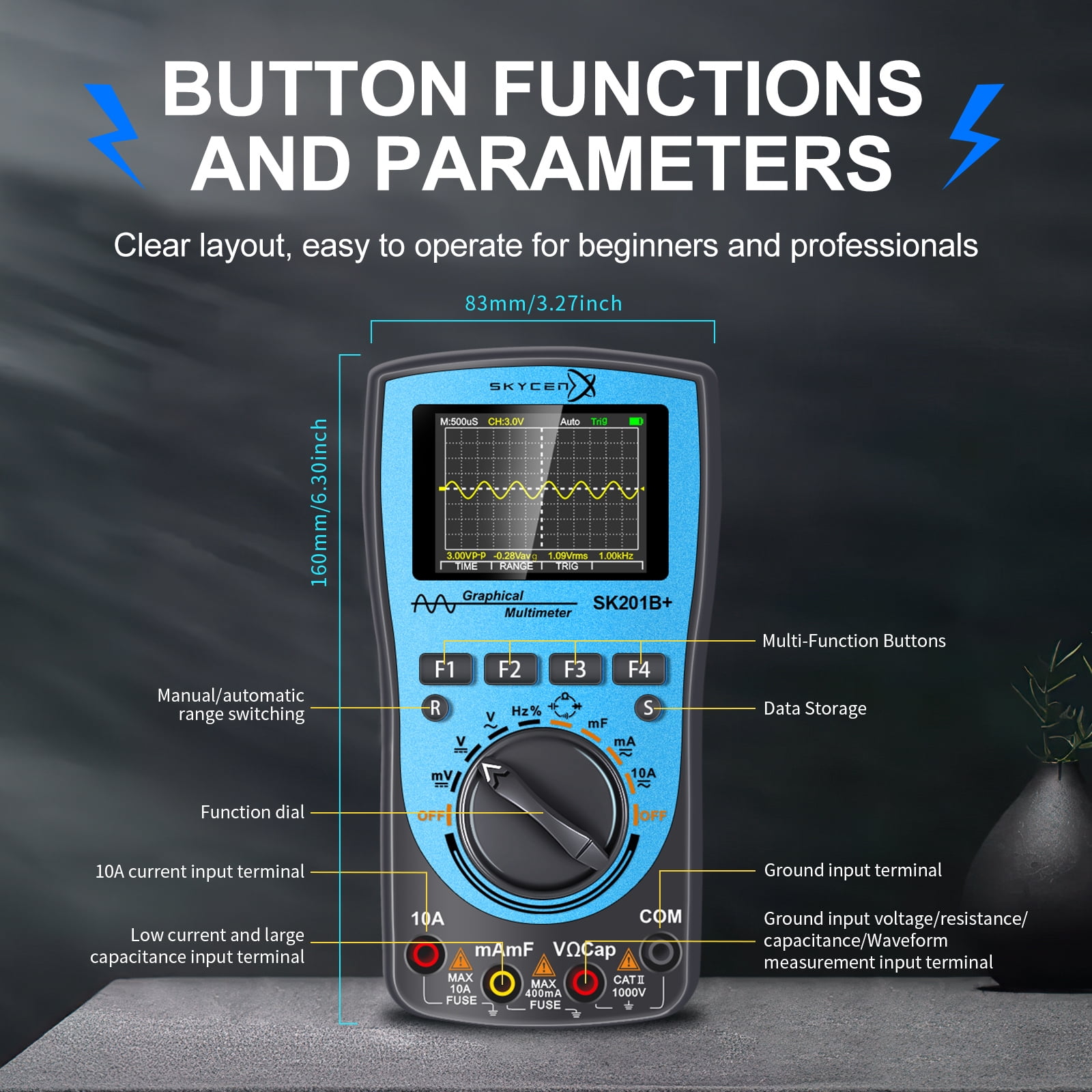 SK201B+ Digital Oscilloscope Multimeter 2 in 1 SKYCENX with 2.4 Inches Color Screen 1MHz Bandwidth 2.5Msps Sampling Rate