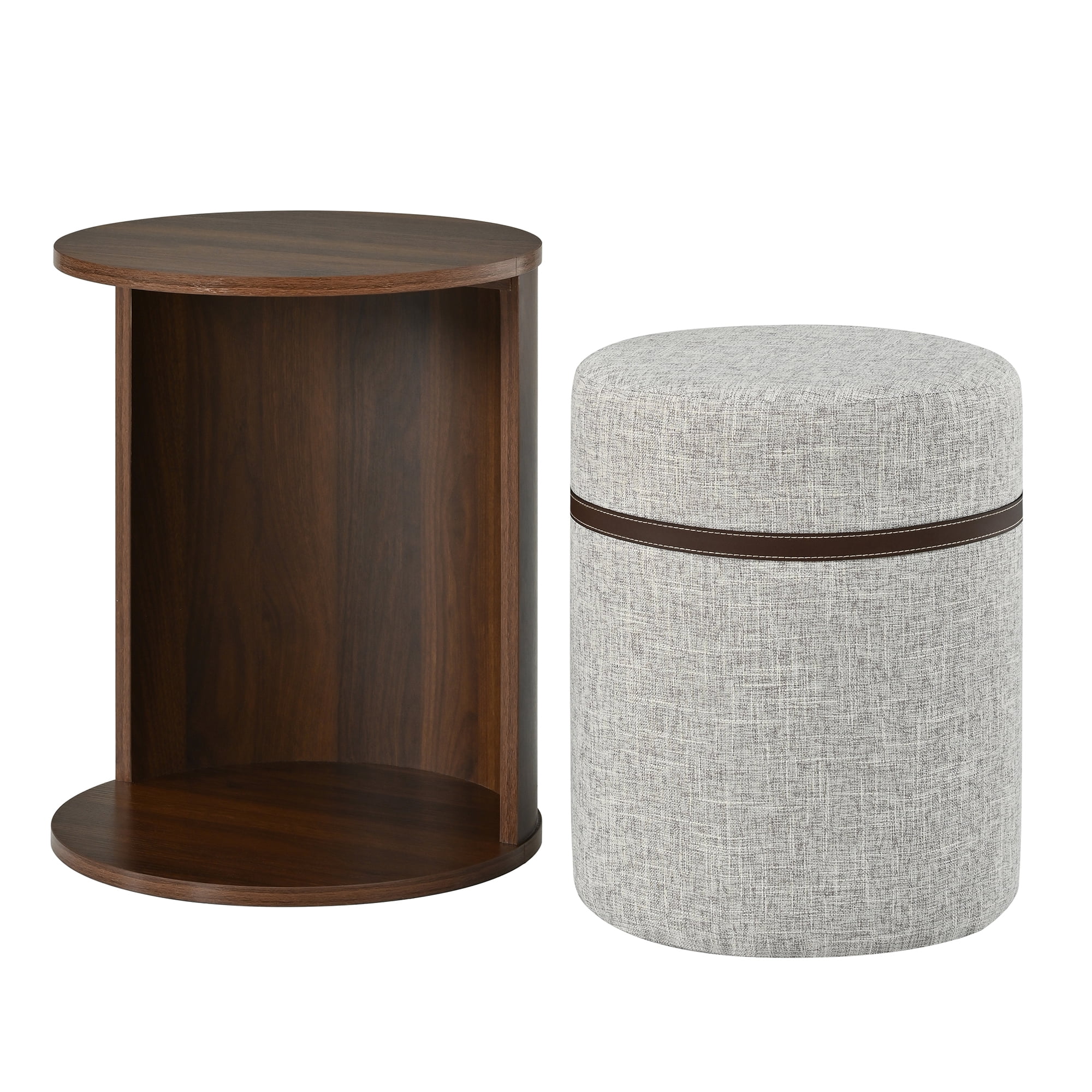 Pull Out Combo End Table 14.96 Inch, Round Side Table with Detachable Stool for Living Room Bedroom, Brown