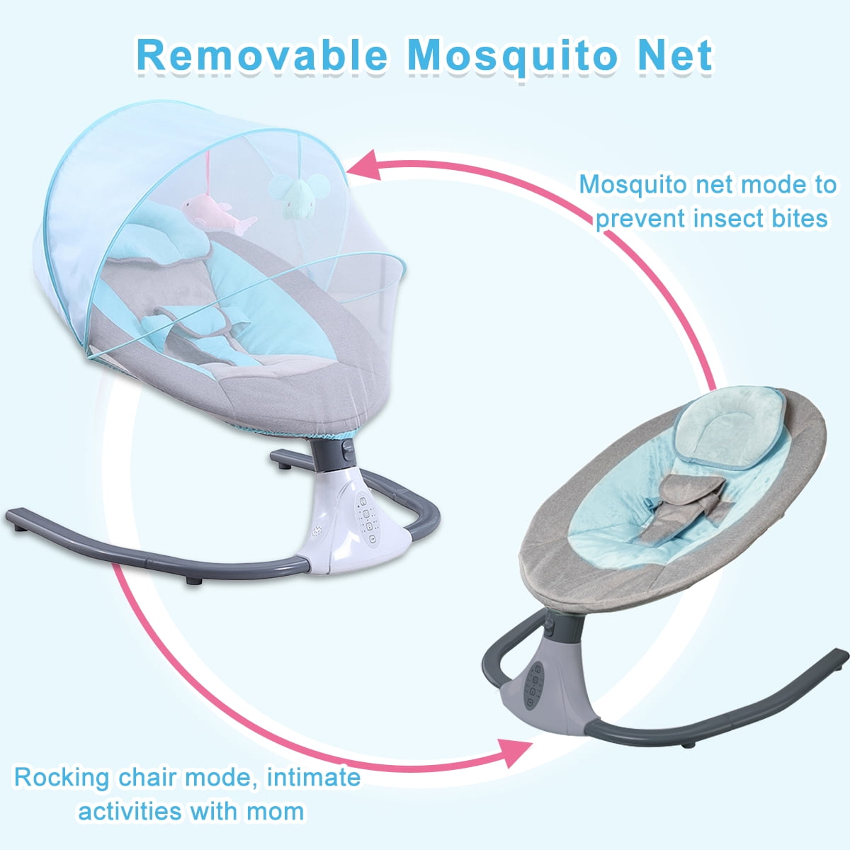 BEJOLO Electric Baby Swing for Infants, Portable Baby Bouncer with Remote Control,bluetooth Music, Blue