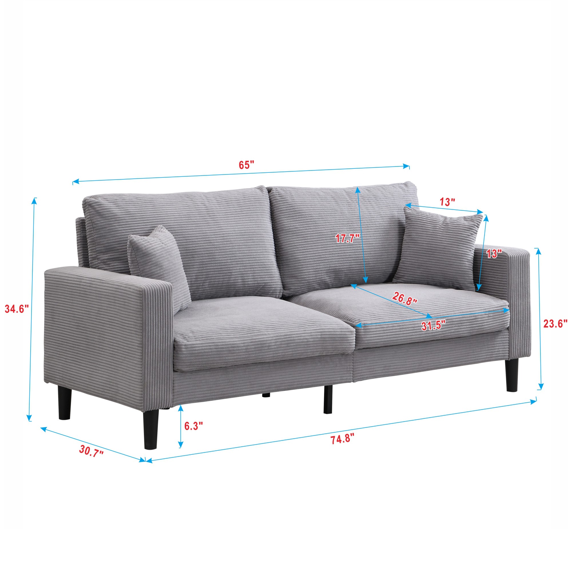 74" Modern Upholstered Sofa Couch,Comfy 3 Seater Sofa with 2 Pillows for Living Room Bedroom Apartment,Light Gray