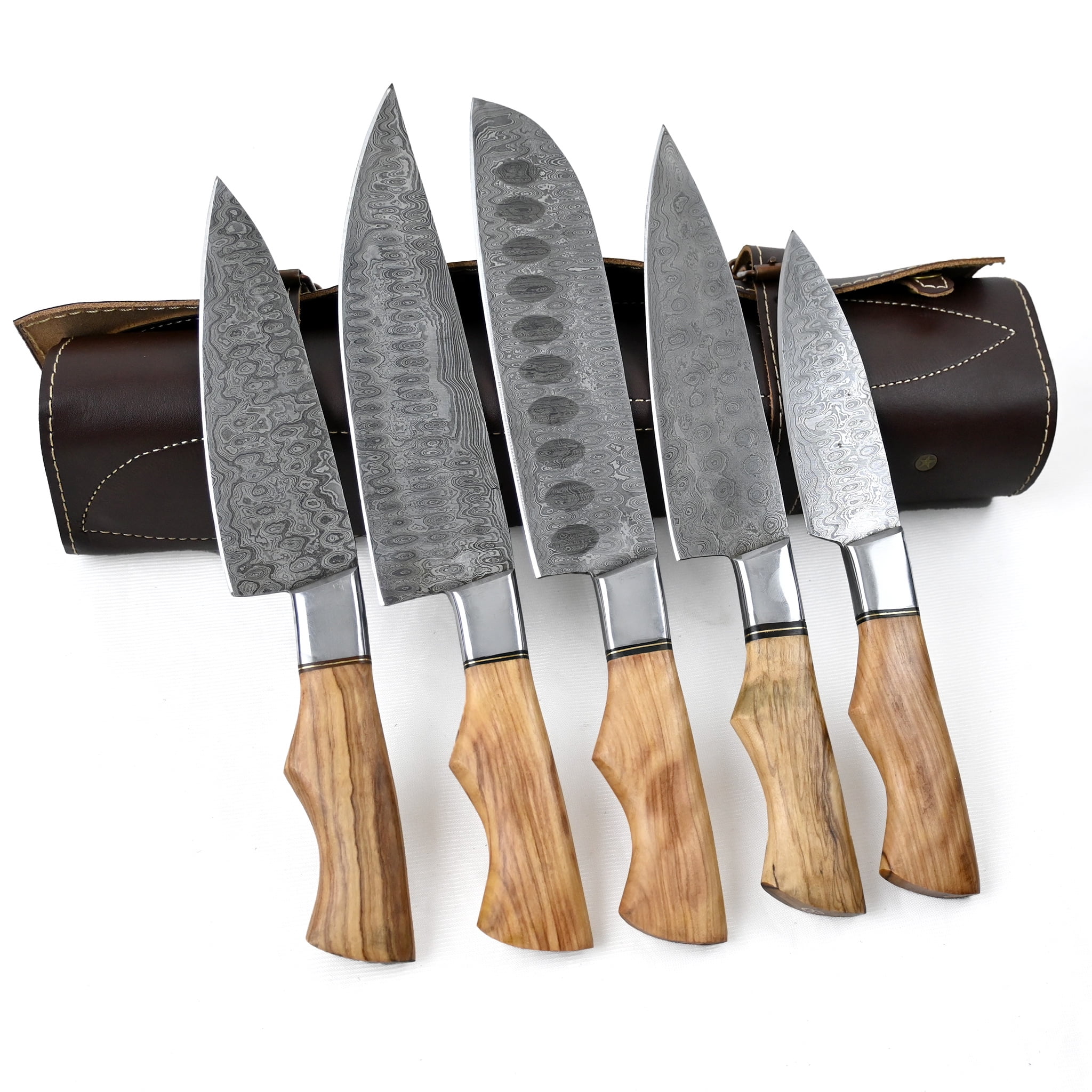 Damascus Kitchen Chef Knife Set of 5 with Olive Wood Handle & Brass Handles
