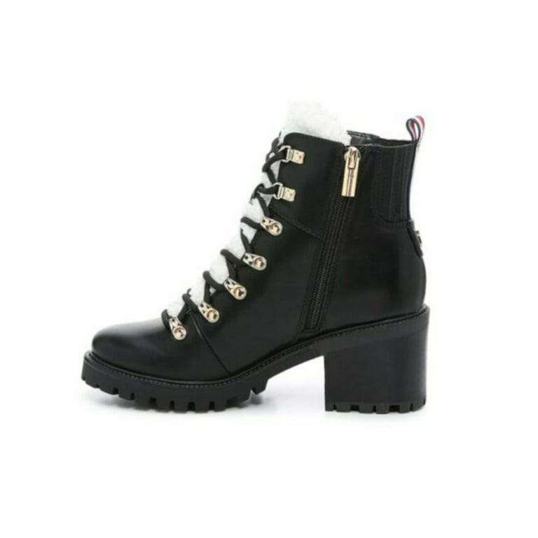 TOMMY HILFIGER Womens Zip 9 Toe Combat Side Block Black Round Boots Heel Lace-Up