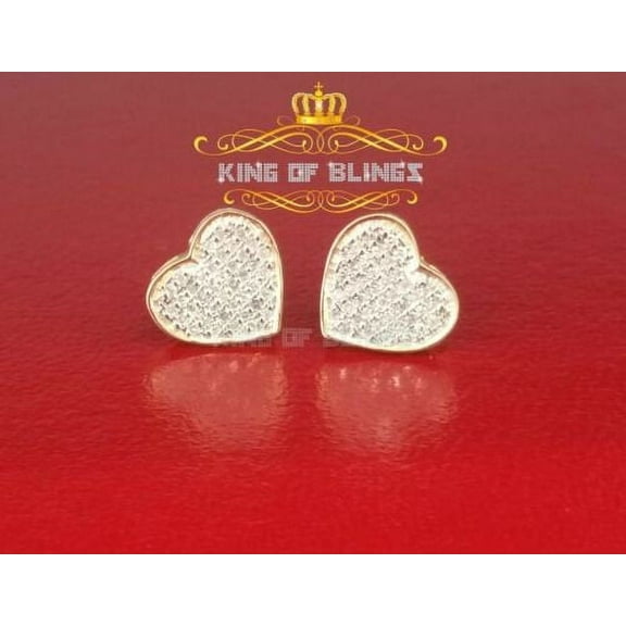 King of Bling's Real 10K Yellow Gold Heart Round Stud 8.58mm Earrings with Real 0.25CT Diamonds