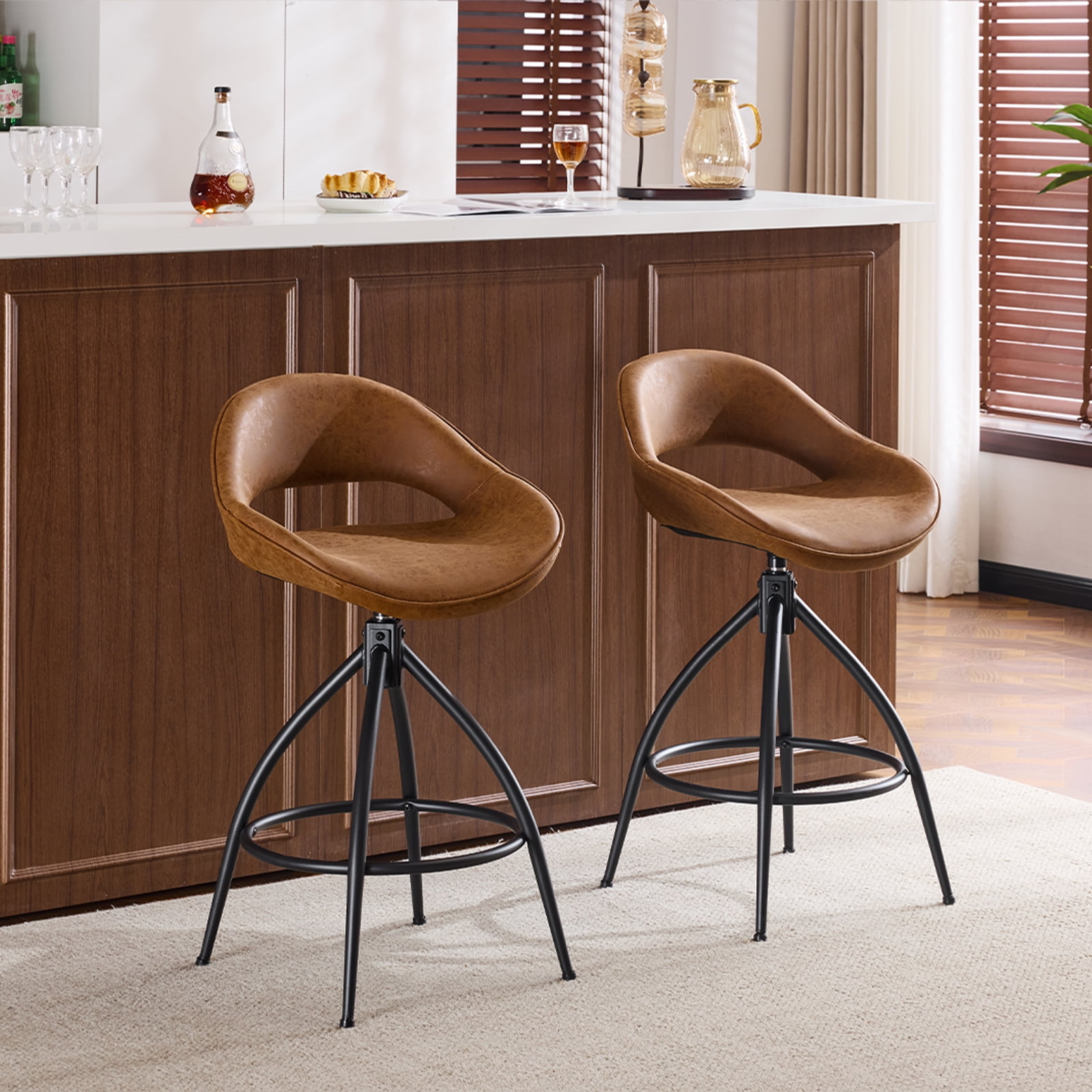 Zimtown Swivel Barstools Set of 2, 26'' Mid-Century Padded Counter Height Bar Chairs, Modern Upholstered Dining Chairs 2 PCS, Brown