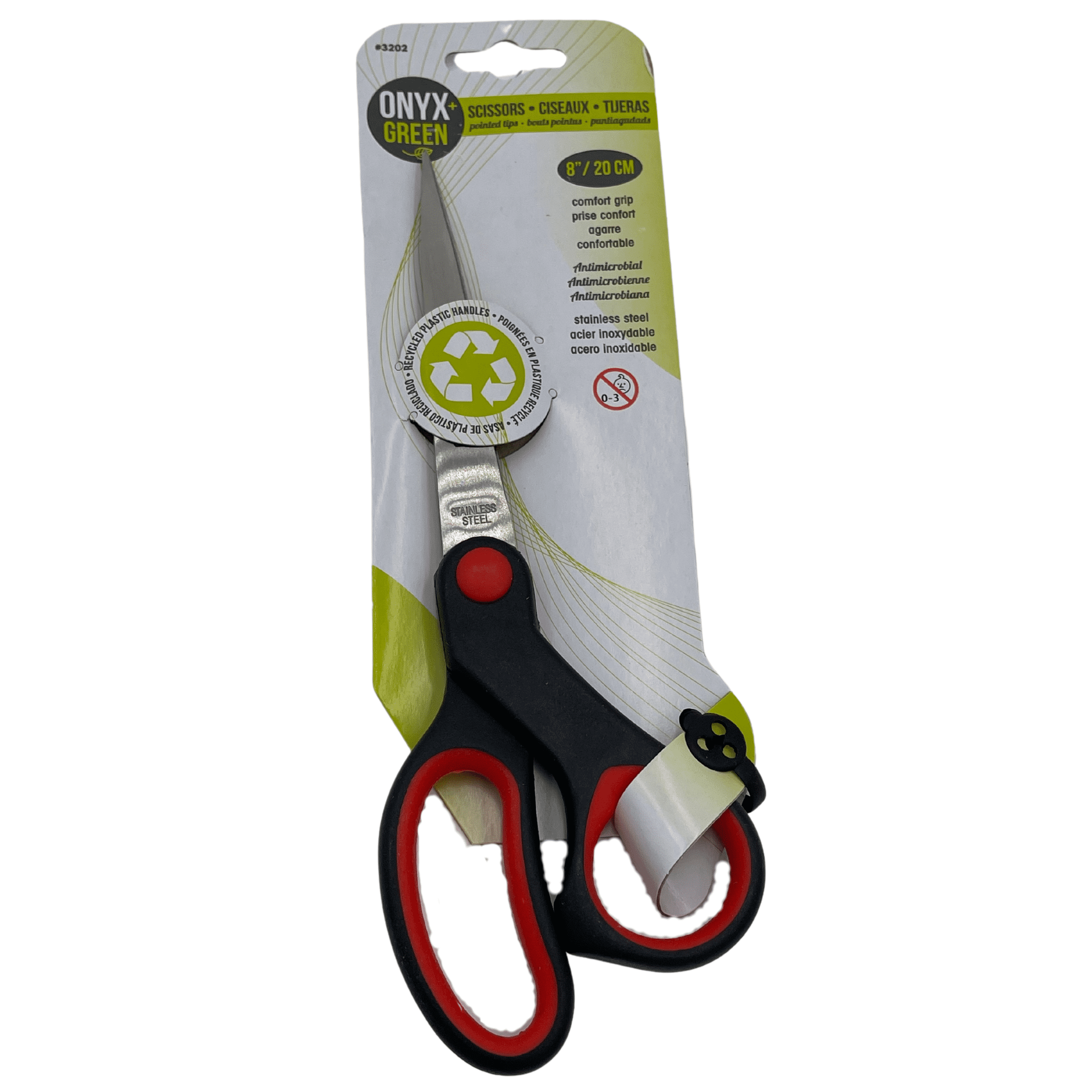 ONYX AND GREEN 3202 - SCISSORS, COMFORTGRIP, 8’’/20CM, POINTED TIP ANTI-MICROBIAL RECYCLED PLASTIC HANDLES PACKAGING: RECYCLED CARTON “TRY ME” CARD, SOY-BASED INK