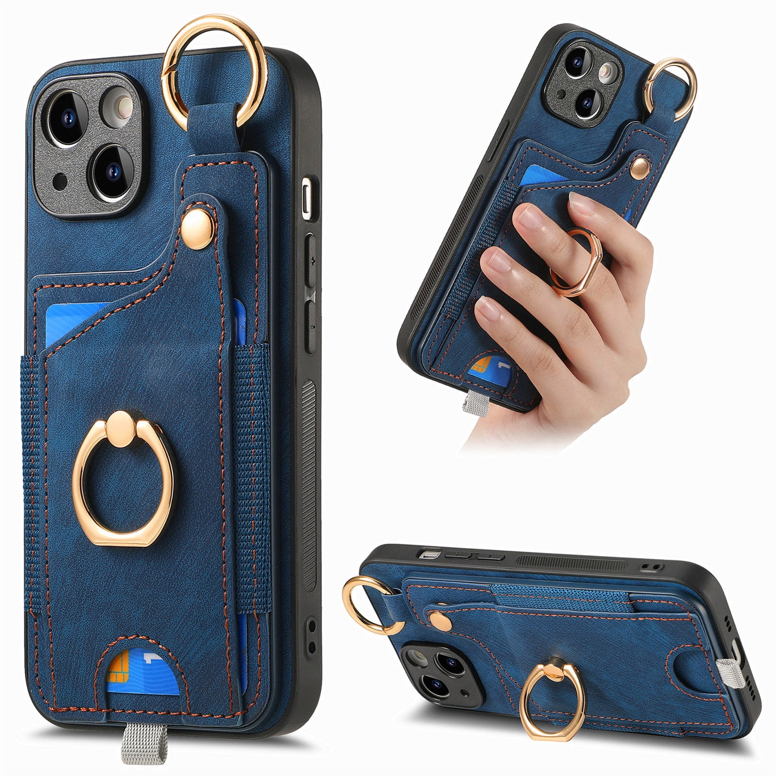 Feishell for iPhone 12 mini Back Wallet Case with 360° Rotatable Ring Kickstand Support Car Mount,Premium PU Leather Shockproof Credit Card Holder Magnetic Button Phone Case for Women Men,Blue