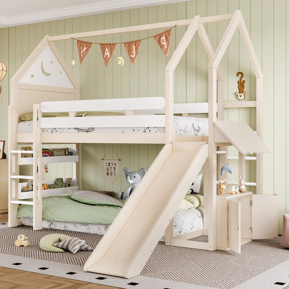 Twin Size Loft Bed with Slide, Playful House-Shaped Loft Bed Frame with Storage Shelves and Cabinet, Solid Wood Kids Loft Bed with Ladders, Beige