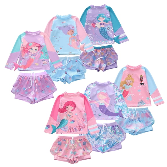 Bellafa Toddler Girls Rash Guard Bathing Suit Mermaid Long Sleeve Two Piece Swimsuit with Shorts UPF 50 3-9 Years Summer Beachwear