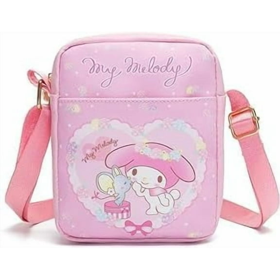 My Melody cute cartoon theme mini crossbody bag, soft PU leather crossbody shoulder bag, cartoon adjustable length handbag