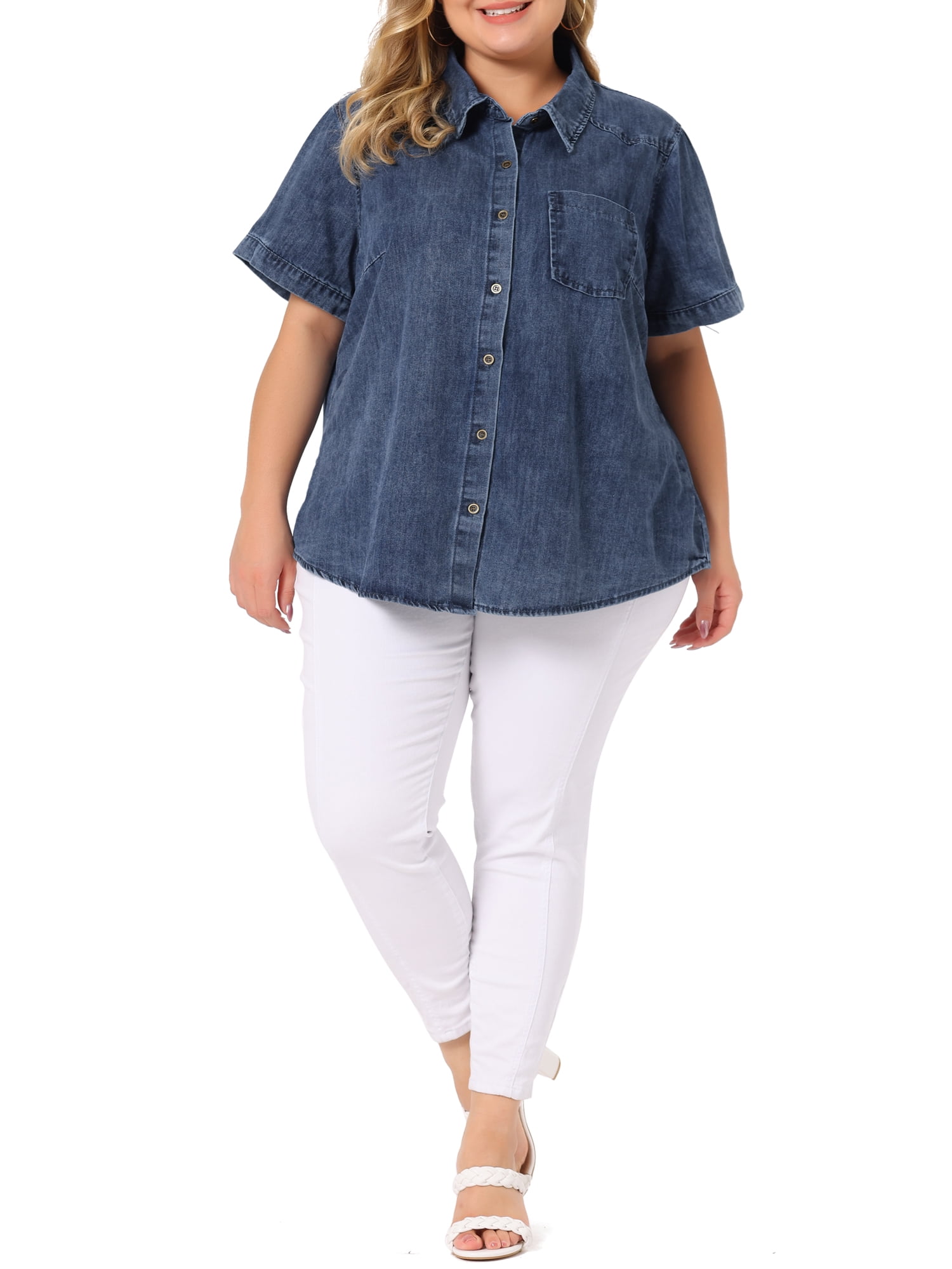 Unique Bargains Women's Plus Size Denim Jean Shirts Short Sleeve Button Down Tops 1X Denim Blue