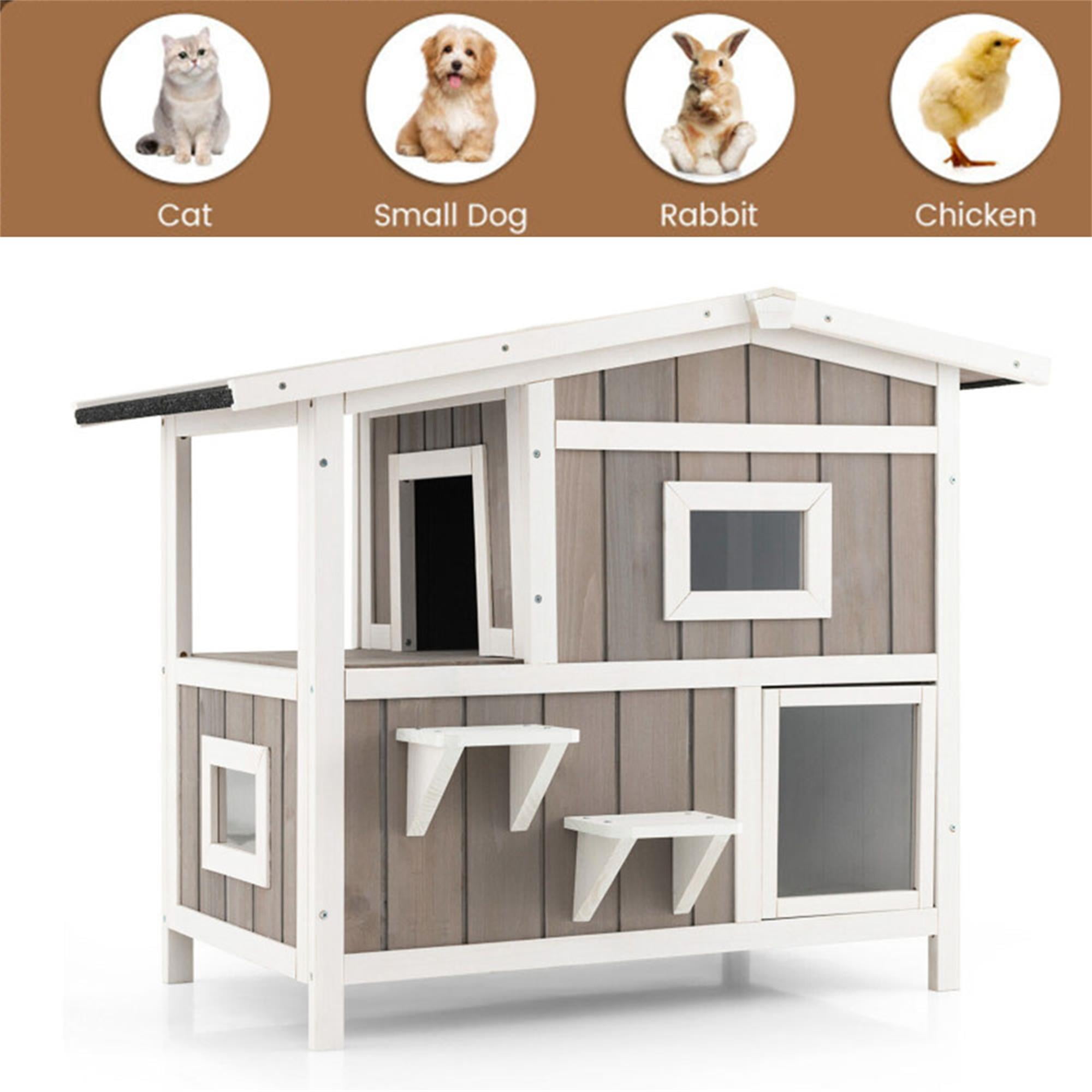 Kadyn 39" Outdoor 2-Story Cat House, Feral Cat Shelter with Escape Door, Rainproof Outside Kitty Condo for 3 Adult, Gray