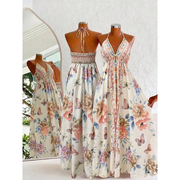 Burnt Orange Bohemian Floral Print Maxi Slip Dress With V-Neck And Tie Back