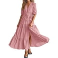 thumbnail image 3 of 2024 summer dresses for women trendy vacation with sleeves V neck button drawstring maxi dresses boho long dresses, 3 of 6