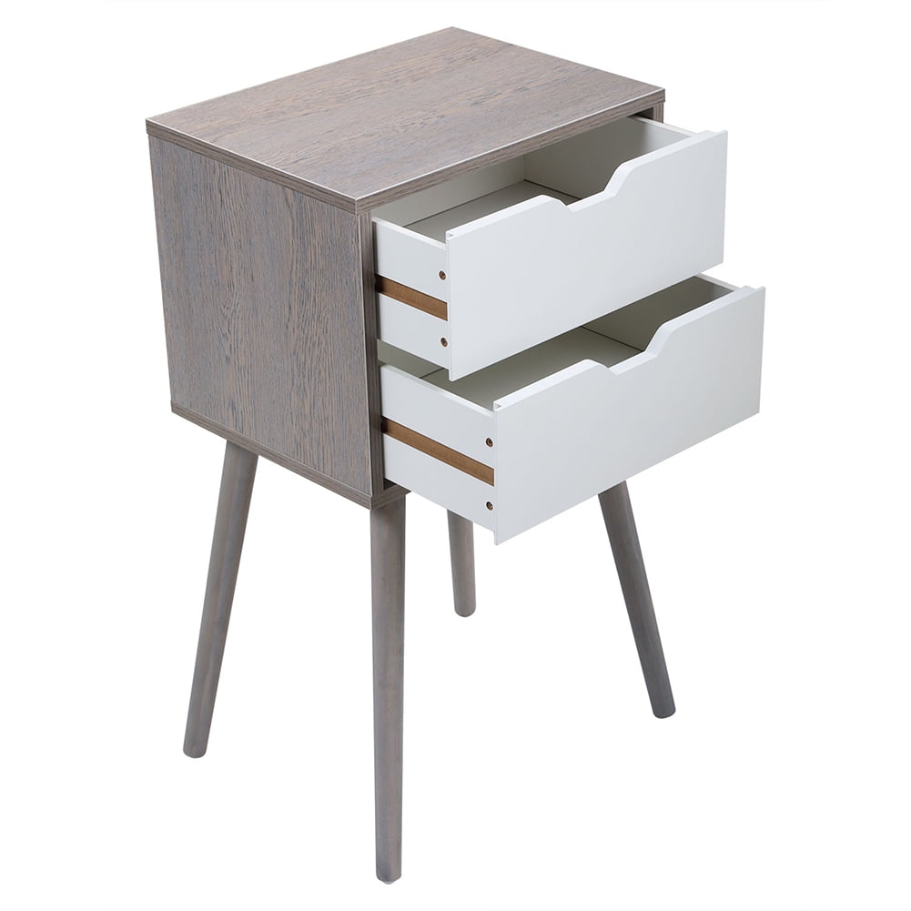 Kadyn Bedside Table for Bedroom, Mid Century Modern Side Table with 2 Drawer for Nursery, End Table with Storage and Solid Wood Legs for Living Room, Gray