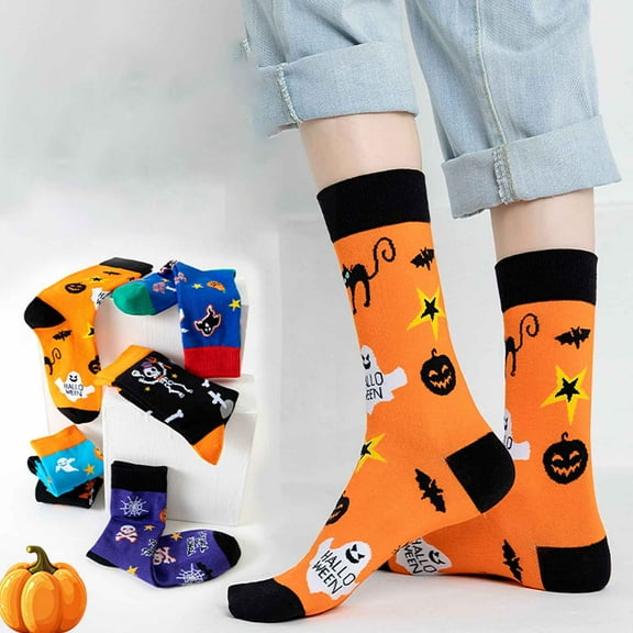 Monebena 6 Pairs Halloween Socks Pumpkin Ghost Crew Socks Men Women Spooky Funny Halloween Socks Gift for Party M01