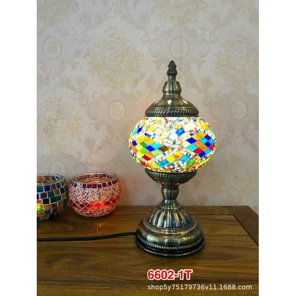 Turkish Mosaic Oriental Desk Lamp Vintage Multi-Colored Glass Bedside Lamp Bronze Base
