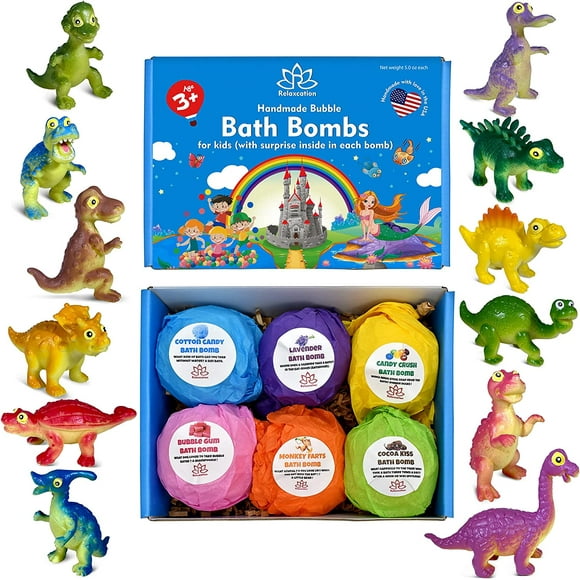 6 Bombes de Bain pour les Enfants avec des Jouets Surprise Dino - Drôle de Dinosaures Surprises à l'Intérieur - Dino Drôle - Fait à la Main aux États-Unis