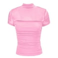 thumbnail image 5 of MIXUE Boho Tops For Women Summer Solid Color Mesh Round Neck Short Sleeve Fashion Casual Party Pullover Shirts For Women T Shirts Holiday Wear,Pink,L, 5 of 9
