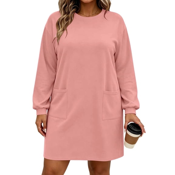 ShomPort Women's Plus Size Dresses Crew Neck Long Sleeve Sweatshirt Dress with Pockets Loose Loungewear Casual Mini Dresses