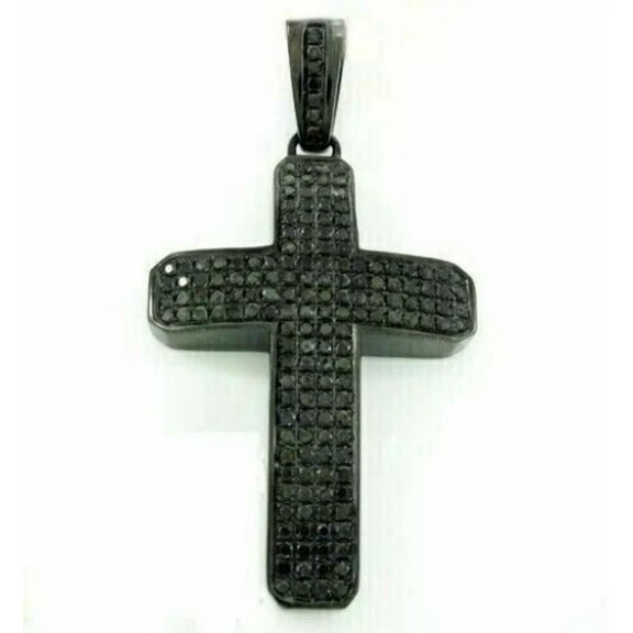 Men's 3TCW Round Cut Lab Created Black Diamond Cross Pendant in 14k Black Gold Plated