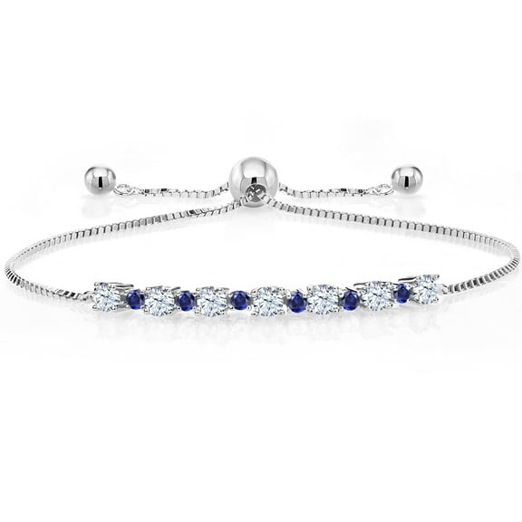 Gem Stone King 1.03 Ct White Created Sapphire Blue Created Sapphire 925 Silver Adjustable Tennis Bracelet for Women up to 9 inch