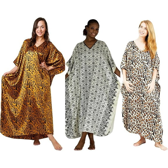 Up2date Fashion's Satin Caftans Gift Collection, 3 Printed Caftans, One Size Plus, Special#21
