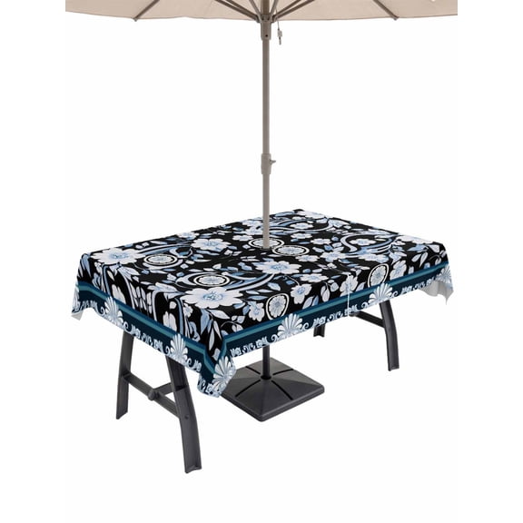 52x70 Inch Outdoor Tablecloth with Umbrella Hole Zipper Rectangle Black White Flowers Rectangular Tablecloths Outside Waterproof Rustic Vintage Botanical Leaves Patio Table Cover for Picnic Party