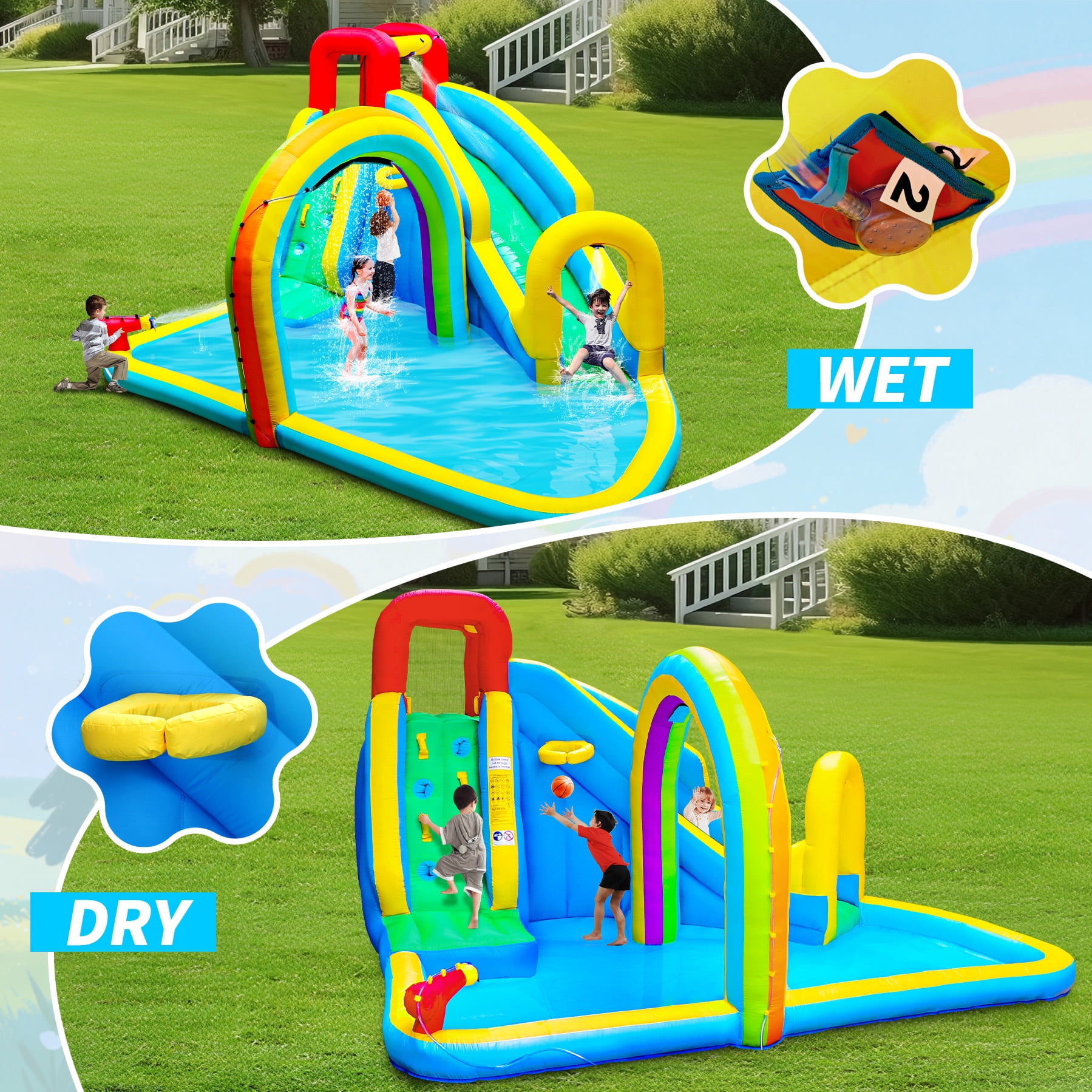 WELLFUNTIME Inflatable Water Slide Park with Blower, Bounce House for Kids with Splash Pool and Rainbow Sprinkler