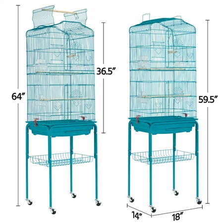 Topeakmart 64''H Open Top Metal Birdcage Rolling Parrot Cage with Detachable Stand, Teal Blue