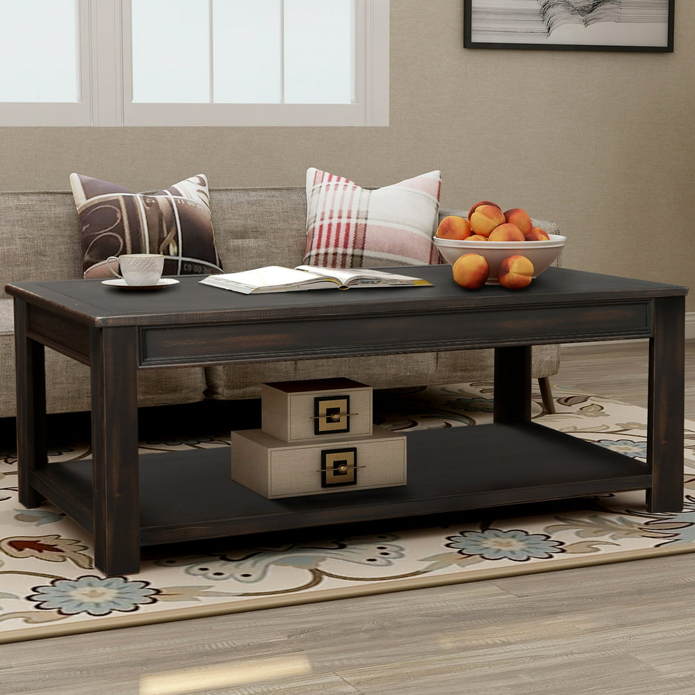 Black Coffee Table for Living Room, 48'' x 26''x 18'' Natural Wood