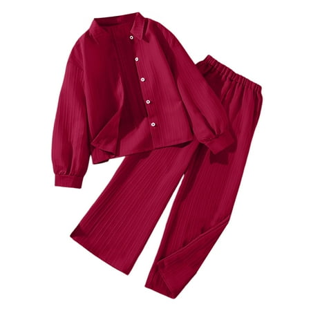 Hienoo Big Girls Outfits Solid Color Long Sleeve Button Up Shirt Pants Two Piece Set
