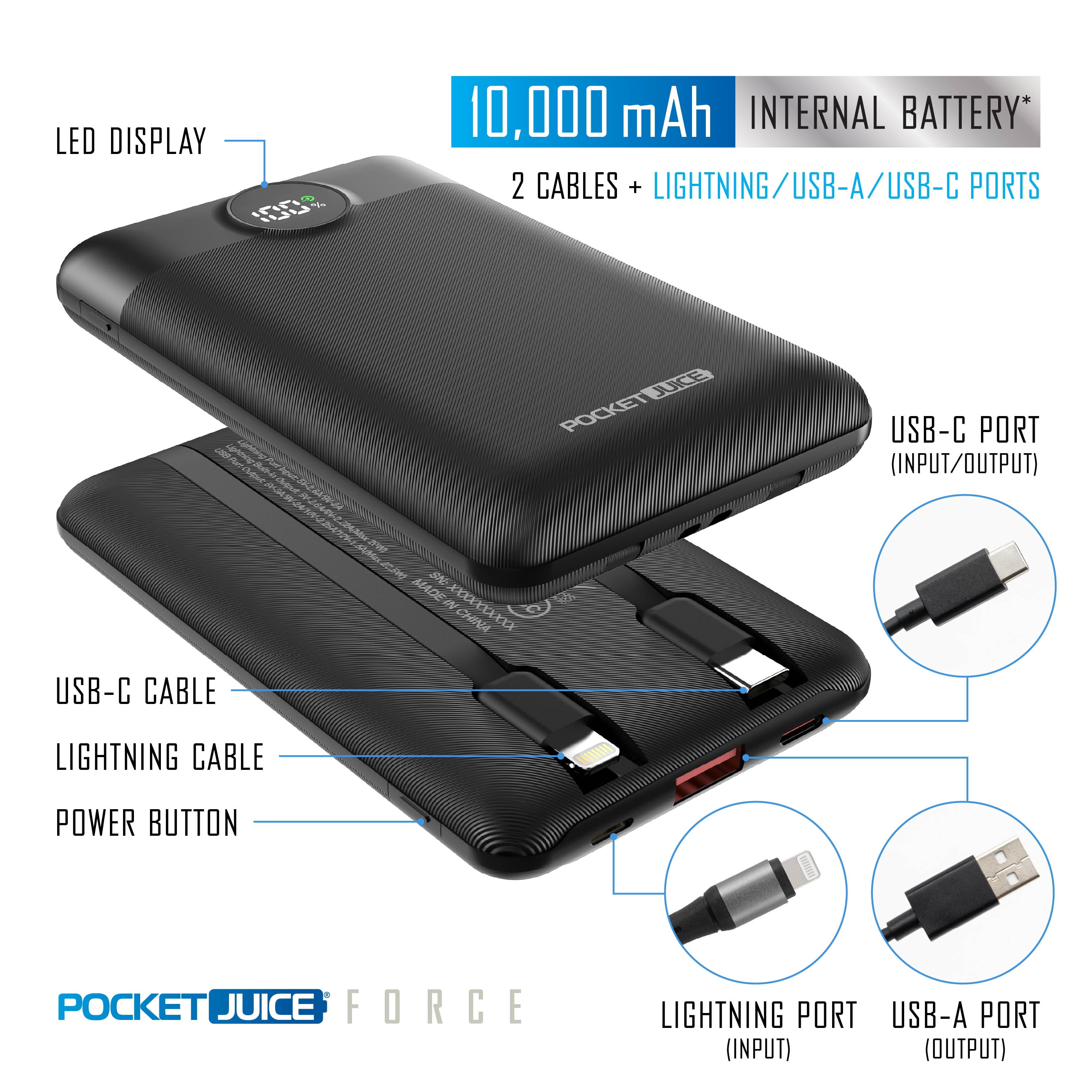 Pocket Juice Force 10,000mAh Portable Charger Power Bank – Slim Portable Phone Charger with Built-in USB-C & Lightning Cables