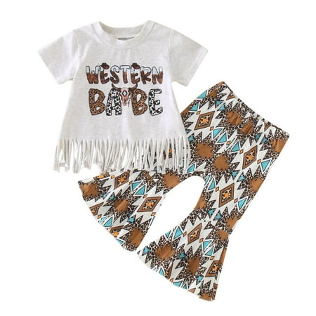 

Toddler Girls Short Sleeve Letter Printed Tassels T Shirt Tops Bell Bottoms Pants Kids Outfits Girl Toddler Winter