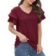thumbnail image 1 of Camiseta de mujer Color puro cuello en V puños con volantes moda cómoda manga corta Top para oficina hogar citas vino rojo XXL, 1 of 6