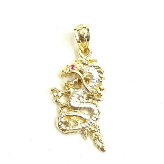 New 14k two tone Gold dragon Pendant charm fine jewelry 3D red eye unisex 3.2g