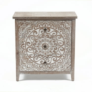 LuxenHome 3-Drawer 30.5" H x 28.5" W Rustic Floral Carved Wood Accent Chest