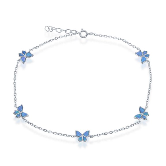 925 Sterling Silver Rhodium Plated Blue Created Opal Butterfly Design 9 1’’ Charm Anklet/Bracelet Jewelry for Women or Teens