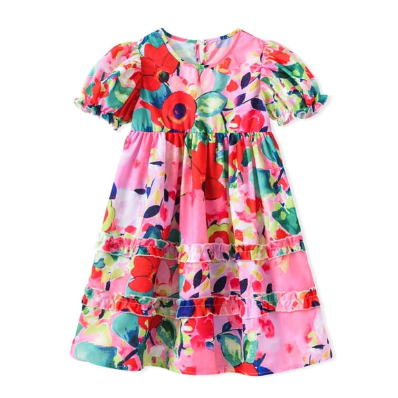 Hrsba Kids Summer Dress,Summer New Fashionable Printed Dress For Girls Super Flower Sweet Short Sleeved Princess Skirt ,Casual Sleeveless Dress for Girls,Pink ,6 Years