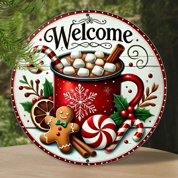 Festive Christmas Welcome Sign - Gingerbread & Holiday Wreath Round Wooden Wall Decor with Snowflake Accents, Ideal for Home, Restaurant, Bar, Cafe, and Garage - No Power Needed, Christmas Party Decor