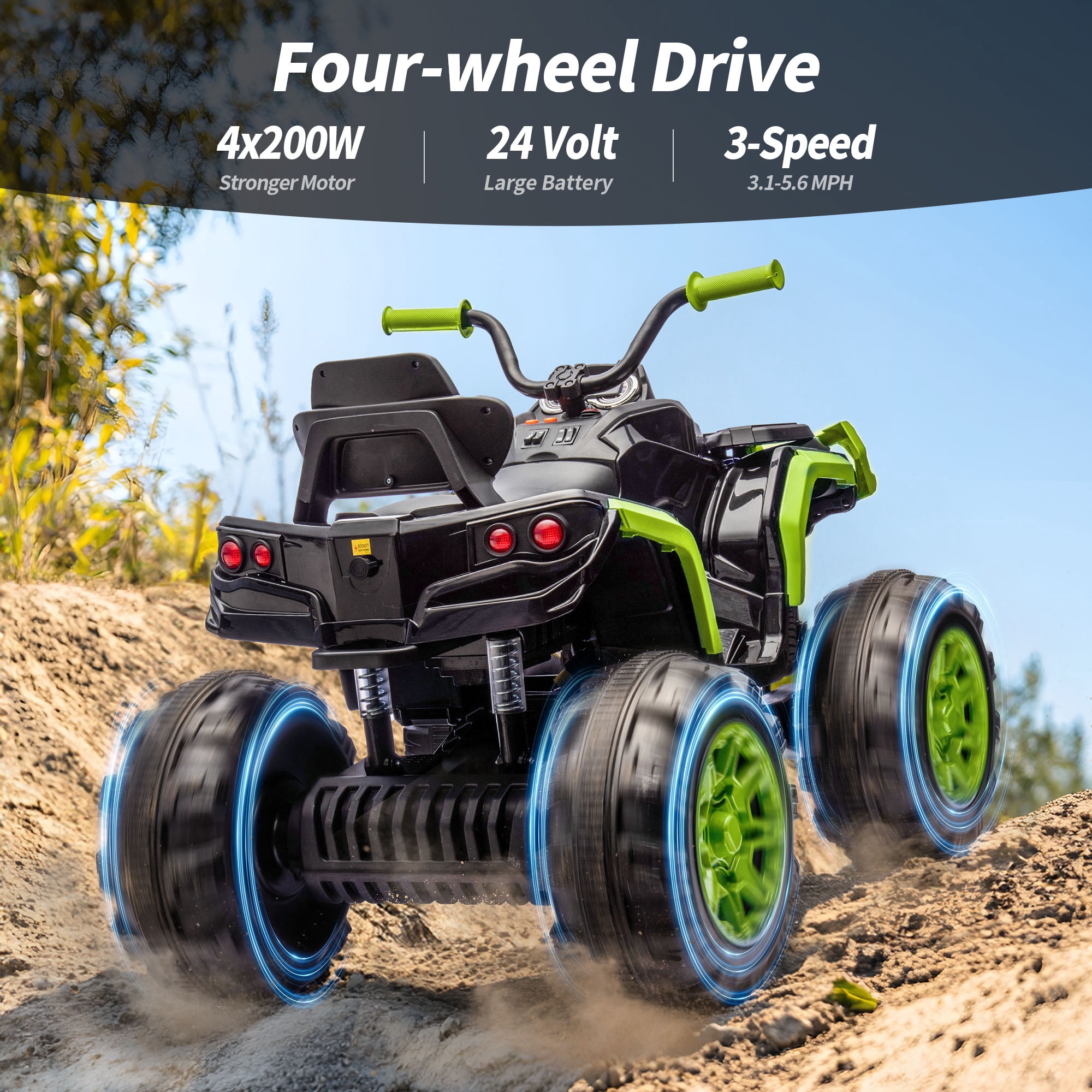 Hikiddo 24V Kids ATV 4-Wheeler, 24 Volt 4WD Ride on Toy for Big Kid w/ 4x200W Motor, 5.6Mph Max Speed - Green