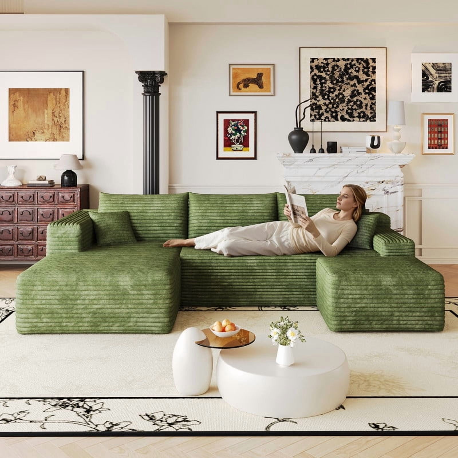 103" Cloud Sectional Sofa with Ottoman, Modern U-Shaped Modular Couch with Reversible Chaise Lounge, Plush Corduroy Upholstered Deep Seat Sofa for Living Room, Apartment, No Assembly Required