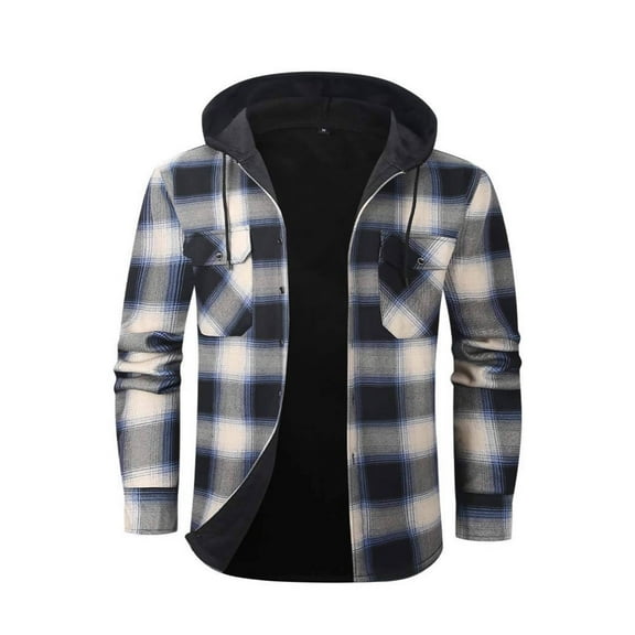 Plaid Jackets For Men Hooded Drawstring Button Down Shacket Thick Fleece Thermal Casual Winter Outwear With Flat Pockets (XL, Sky Blue)